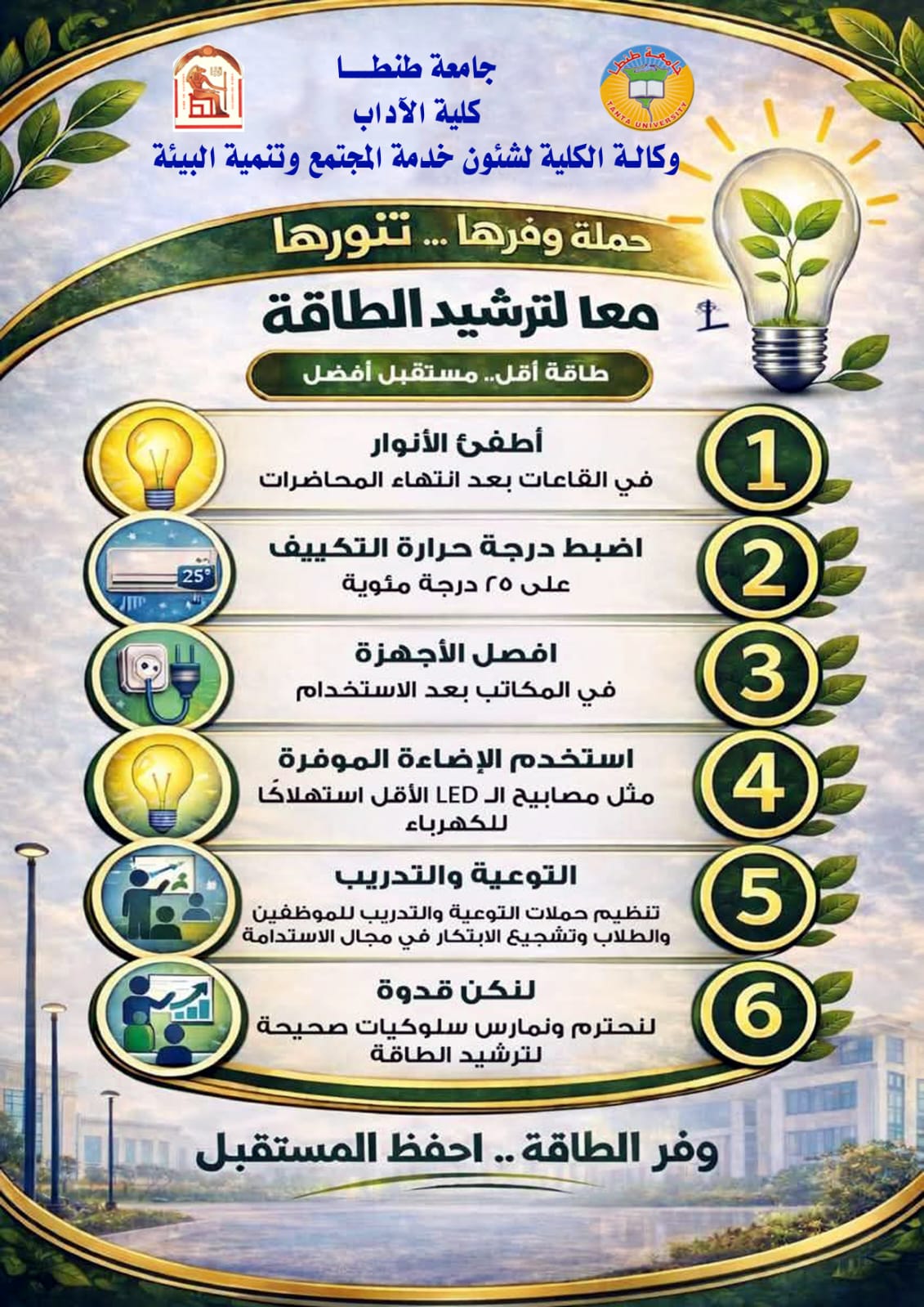 كلية الآداب بجامعة طنطا تعلن دعمها لحملة «وفرها… تنورها» لترشيد استهلاك الطاقة