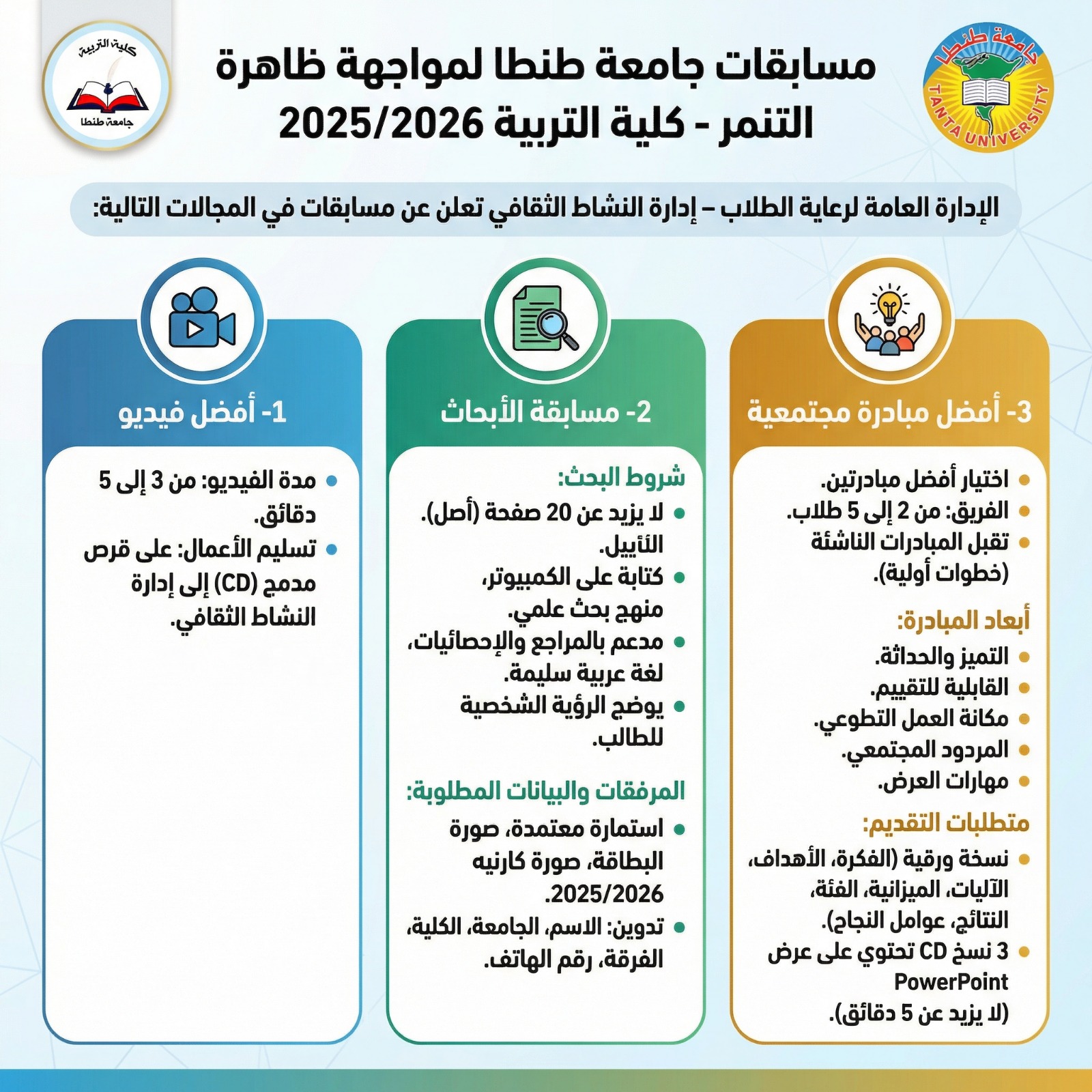 كلية التربية بجامعة طنطا تعلن مسابقات لمواجهة ظاهرة التنمر للعام الجامعي 2025/2026